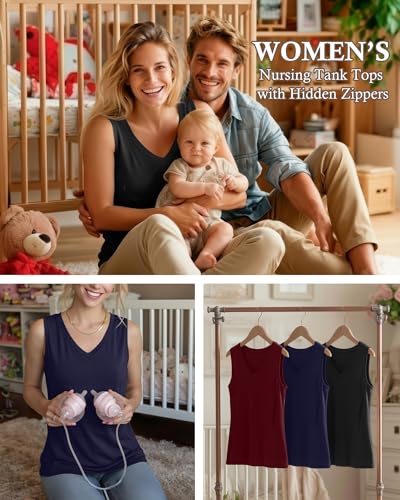 Ficerd 3 Pack Women's Nursing Tank Tops - color: Black, Navy Blue, Wine Red, size: Medium