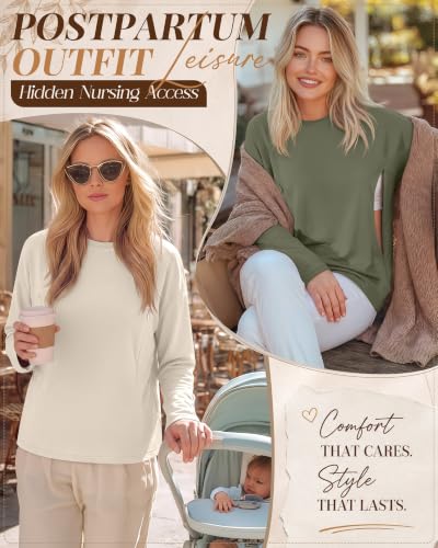 Riyiper 3 Pack Women's Nursing Shirts with Hidden Zippers - color: Oatmeal, Cream, Army Green, size: Large