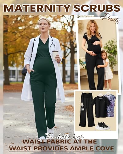 2 Pack Women's Maternity Scrub Pants with 6 Pockets - color: Black, Dark Green, size: Small