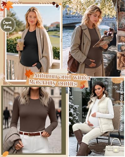 Oakgarden 3 Pack Womens Maternity Thermal Long Sleeve Shirts - color: Brown, White, Black, size: Medium