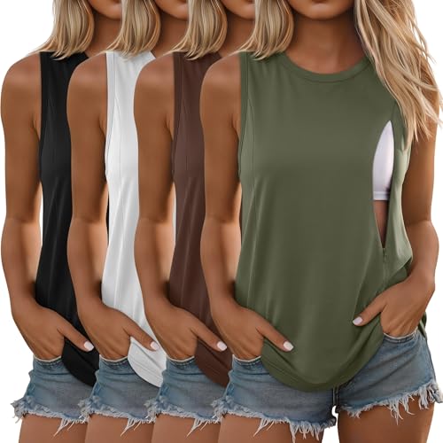 4 Pack Women Nursing Tank Tops Breastfeeding - color: Army Green, Brown, White, Black, size: Medium