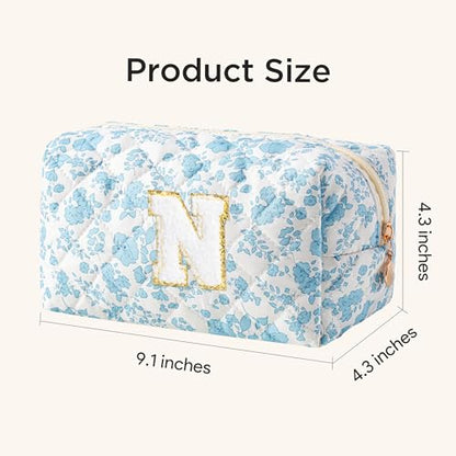 HBselect Personalized Makeup Bag for Women Initial Quilted Toiletry Bag - color: Blue Flower, size: N