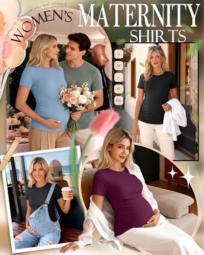 Ficerd 3 Pack Women's Short Sleeve Maternity Shirts - color: Black, Light Blue, Fuchsia, size: Small