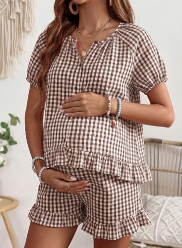 BLENCOT Maternity Clothes 2 PCS Gingham Cotton Pregnancy Pajamas Short Sets - color: Brown, size: Medium