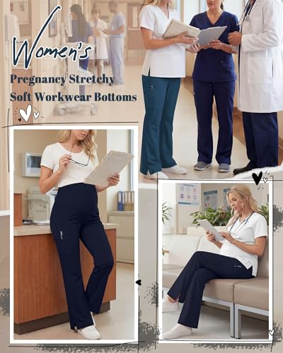 2 Pack Women's Maternity Wide Leg Cargo Scrub Pants - color: Emerald Green, Navy Blue, size: Small