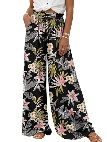 LILLUSORY Womens Wide Leg Palazzo Pants with Pockets High Waist Flowy - color: Black Print, size: Large
