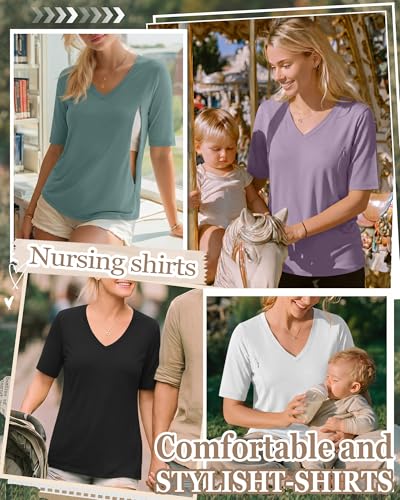 4 Pack Women Nursing Shirts Breastfeeding Tops - color: Gray Green, Taro Purple, White, Dark Gray, size: Medium
