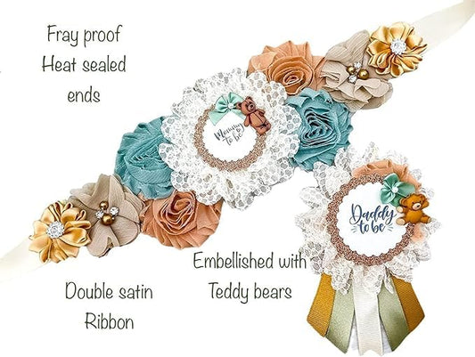 Mom to Be Sash with Dad Pin – Neutral Baby Shower Decorations, Sage Green Bear Theme Party Supplies, Gender Reveal Accessories