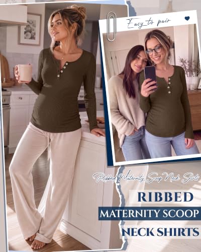 Maternity Long Sleeve Shirt Pregnancy Top - color: Coffee, size: Medium