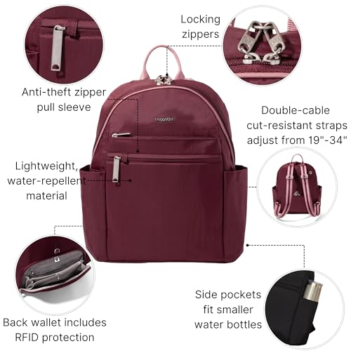Baggallini Securtex® Anti-theft Vacation Travel Backpack 10x13 Daypack w/Locking Zippers & RFID Wallet Slash-Resistant - color: Jam/Dusty Mauve