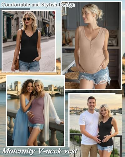 3 Pack Women Maternity Henley Tank Tops - color: Black, Khaki, Gray Purple, size: Medium