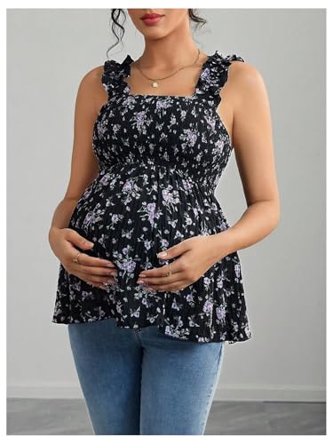 SweatyRocks Women's Maternity Tank Tops Floral Babydoll Blouse Shirts Top - color: Black, size: Medium