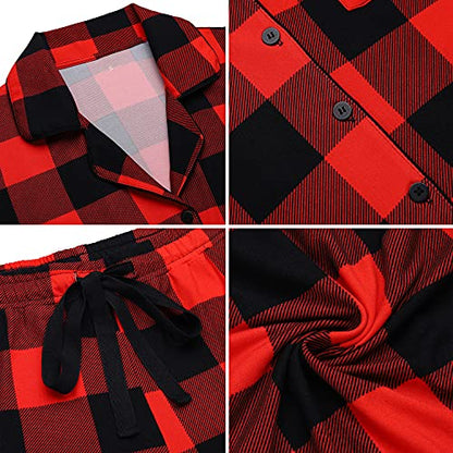 Samring Womens Pajamas Set Short Sleeve Button Down Sleepwear 2 Piece Pjs - color: Red and Black Plaid, size: Medium