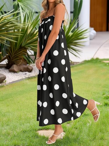 Wenrine Womens Polka Dot Maxi Dress Spaghetti Strap Long Summer Dresses - color: Black, size: Large