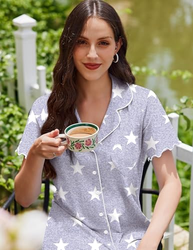 Ekouaer Cotton Nightgowns for Women Button Down Sleep Shirts Night Shirts - color: Grey Star, size: Small