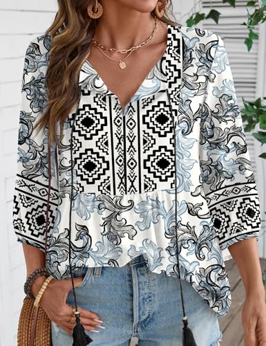 Rapbin Women Summer Boho Tops 3/4 Sleeve Pleated Blouses Casual V Neck Tie Front Spring Tunic Tops - color: Black Flower, size: Large