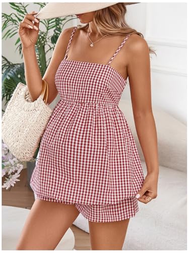 SweatyRocks Women Maternity 2 Piece Outfits Gingham Cami Top Shorts Sets - color: Red and White, size: X-Small