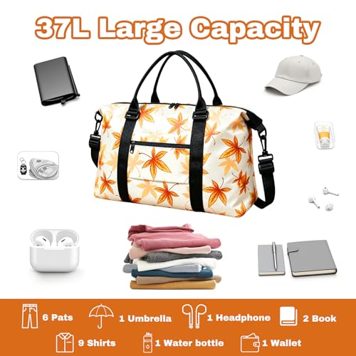 Travel Duffle Bag for Women, Carry On Weekender Tote with Trolley Sleeve - color: Maple Leaf