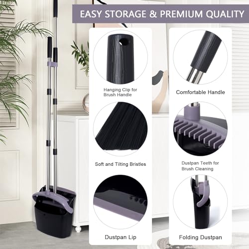 Broom and Dustpan Combo Set,55" Long Handle,Charcoal - color: Charcoal Black