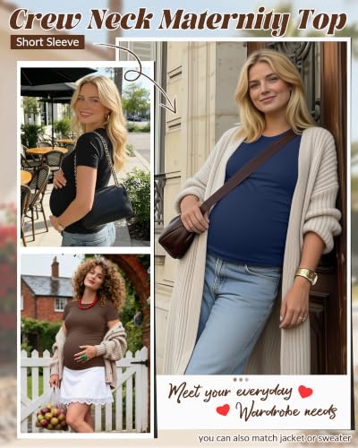 Huukeay 4 Pack Women's Short Sleeve Maternity Tops - color: Haze Blue, Coffee, Cream, Black, size: Medium