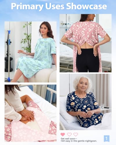Hospital Gowns for Women Open Back with Snaps - color: Blue Flower, size: Medium