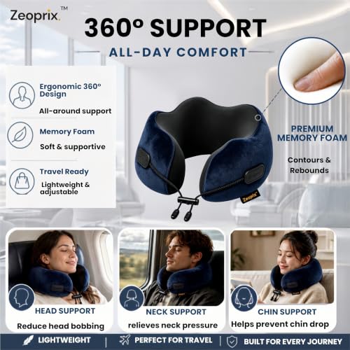 Memory Foam Neck Pillow for Travel, Pillow for Airplane, Navy Blue - color: Navy Blue
