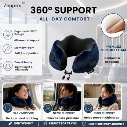 Memory Foam Neck Pillow for Travel, Pillow for Airplane, Navy Blue - color: Navy Blue