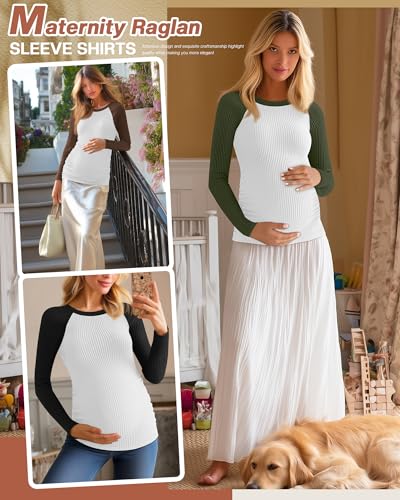 Neer 3 Pack Maternity Long Sleeve Shirts Ribbed Pregnancy Tops - color: Black, Coffee, Army Green, size: Small