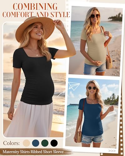 Huukeay 4 Pack Women's Short Sleeve Maternity Shirts - color: Black, Dark Green, Denim Blue, Apricot, size: Small