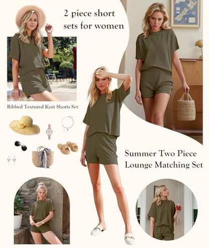MARZXIN Women 2 Piece Short Set with Vertical Stripes Summer Cruise Outfits - color: Jungle Green, size: Medium