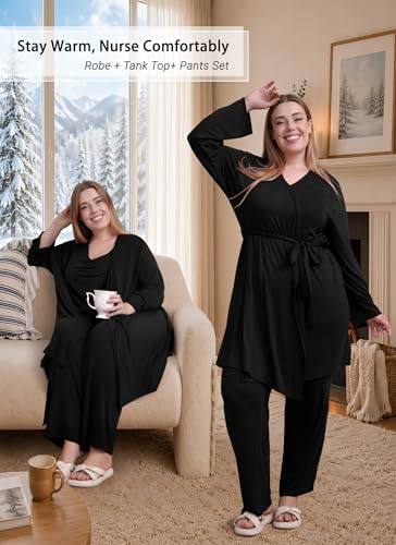 Rnxrbb 4 PCS All-Season Nursing Pajamas Robe Set Maternity Postpartum Pjs - color: Black, size: Medium