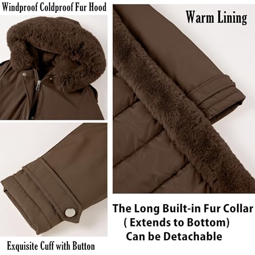 RISISSIDA Women Winter Puffer Coat,Long Parka,Fur Trim Hood - color: Dark Coffee, size: Medium