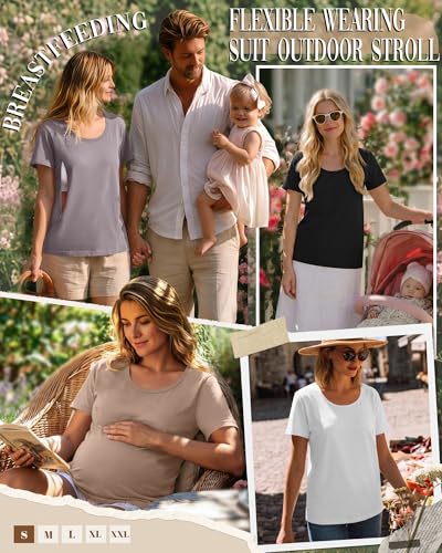 Ficerd 4 Pack Women's Maternity Nursing Shirts - color: Gray Purple, Khaki, White, Black, size: Large