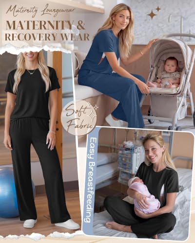 Ficerd 2 Pack Maternity Nursing Pajama Breastfeeding Sets Pjs - color: Blue, Black, size: Large