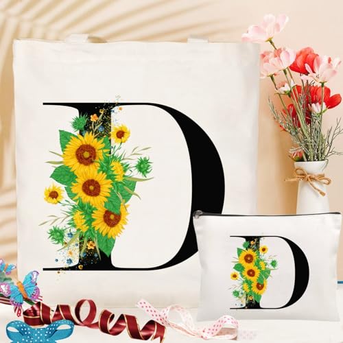 Andeiltech Initial Canvas Tote Bag Sunflower Letter Personalized Makeup Bag Monogrammed Gift for Bridesmaids Birthday Wedding - color: Sunflower Letter_d