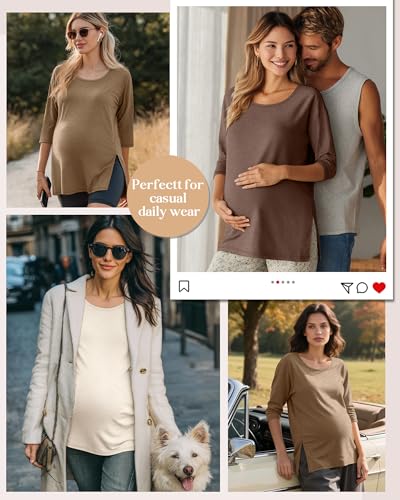 3 Pack Women's 3/4 Sleeve Maternity Loose Crewneck Tops - color: Cream, Khaki, Coffee Grey, size: Medium