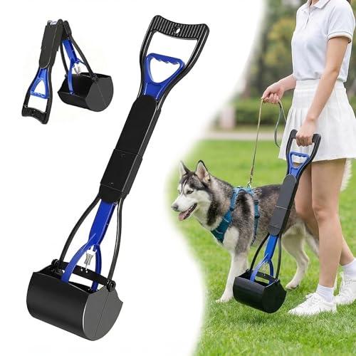 32" Foldable Long Handle Dog Pooper Scooper, No Bending Waste Pick Up Tool - color: Blue