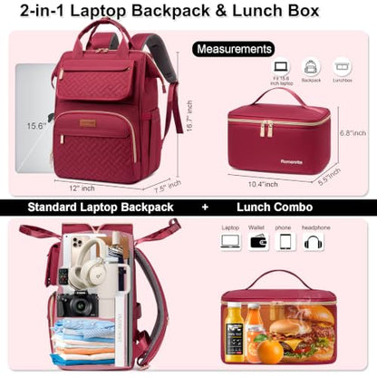 Lunch Backpack For Women, 15.6 Inch Laptop Backpack with Lunchbox - color: Winered