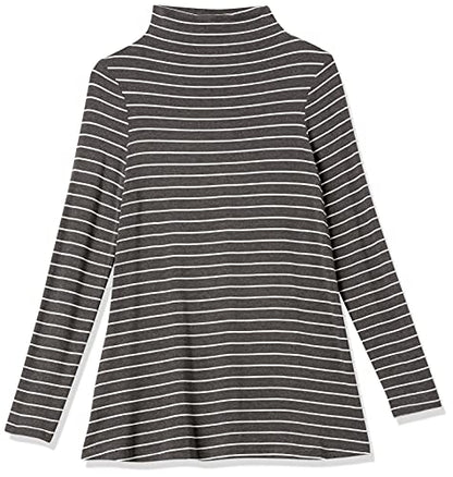 Amazon Essentials Women's Jersey Long-Sleeve Mock Neck Swing Tunic Top, Relaxed Fit Pullover - color: Charcoal Heather White Stripe, size: X-Small