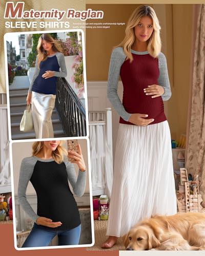Neer 3 Pack Maternity Long Sleeve Shirts Ribbed Pregnancy Tops - color: Black, Wine Red, Navy Blue, size: Large