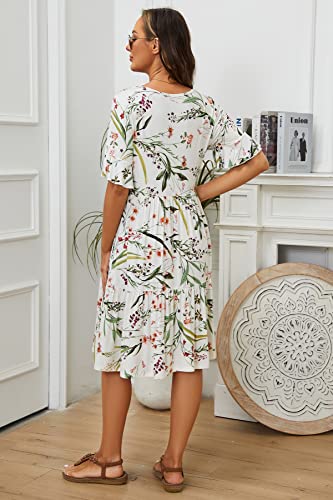 Smallshow Women's Maternity Dress Ruffle Short Sleeve Pregnancy Clothes - color: Leaf White, size: Small