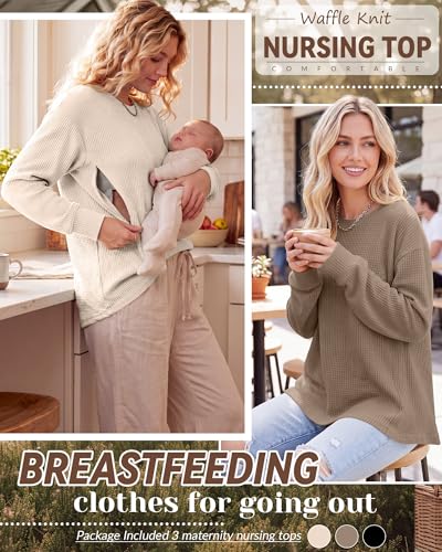 Oakgarden 3 Pack Women's Oversized Nursing Tops - color: Cream White, Coffee, Black, size: Large