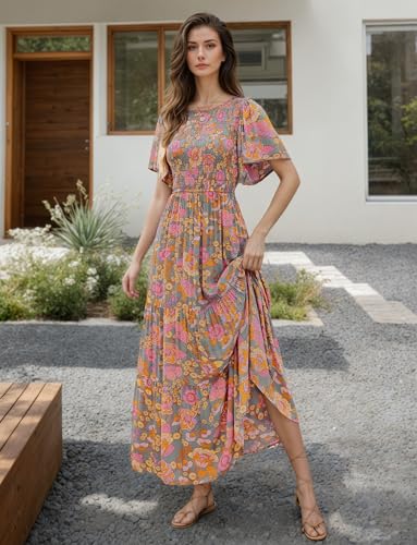 CzzzyL Womens Nursing Dress Summer Floral Print Smocked Maxi with Pockets - color: Greyblue, size: Small
