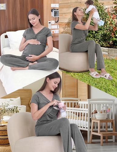 3-Piece Maternity Nursing Pajamas Set for Pregnancy & Postpartum - color: Dark Gray, size: Small