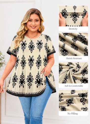Womens Plus Size Tunic Tops Swing Summer Casual Flowy Blouses - color: Beige Paisley Floral Tunics, size: X-Large