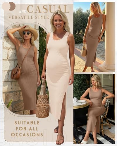 2 Pack Womens Split Long Maternity Dress - color: Cream, Khaki, size: X-Large