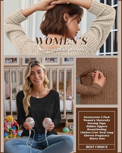 3 Pack Maternity Nursing Ribbed Long Sleeve Tops - color: Black, Apricot, Brown, size: XX-Large