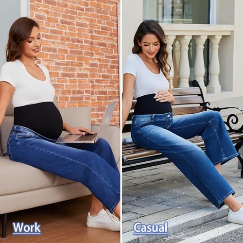 Ecavus Women's Maternity Jeans Over Belly Wide Leg Comfy Stretch Denim Pants with Pockets, XS-XXL - color: Dark Blue Regular, size: Medium