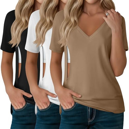 3 Pack Women's Nursing Tops Breastfeeding Shirts - color: Black, White,khaki, size: Large