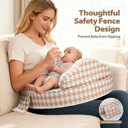 Nursing Pillow for Breastfeeding, with Safety Fence, Removable Cover - color: Houndstooth
